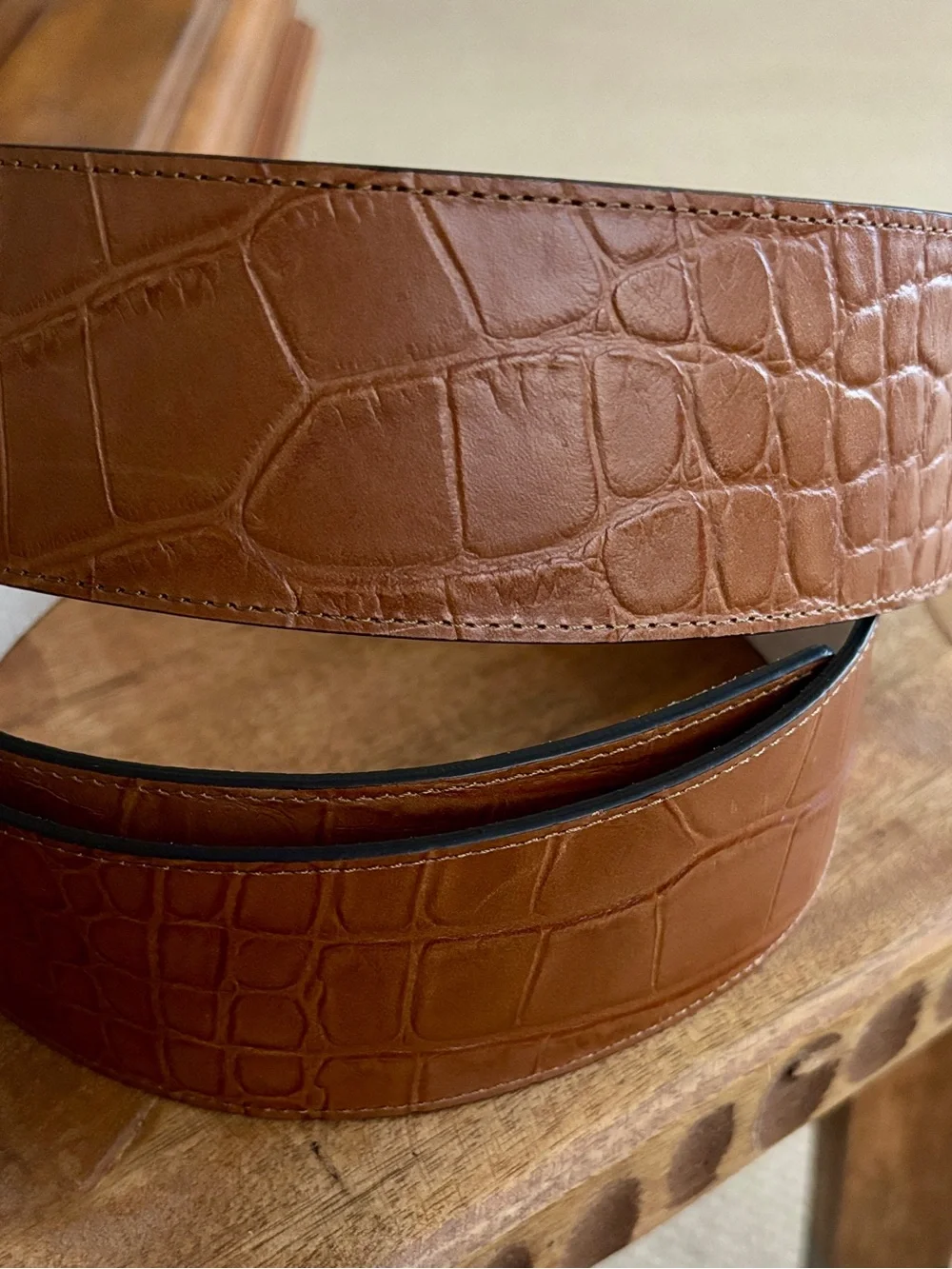 Chico's Croc-Embossed Wide Full Grain Brown Leather Belt with Square Buckle - XL